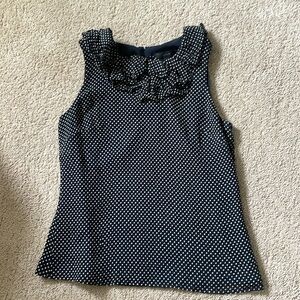 J Crew Navy and White Polka Dot Blouse with Ruffle Collar